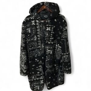 boohooMAN Men’s Borg Hooded Duffle Coat- Black White Paisley